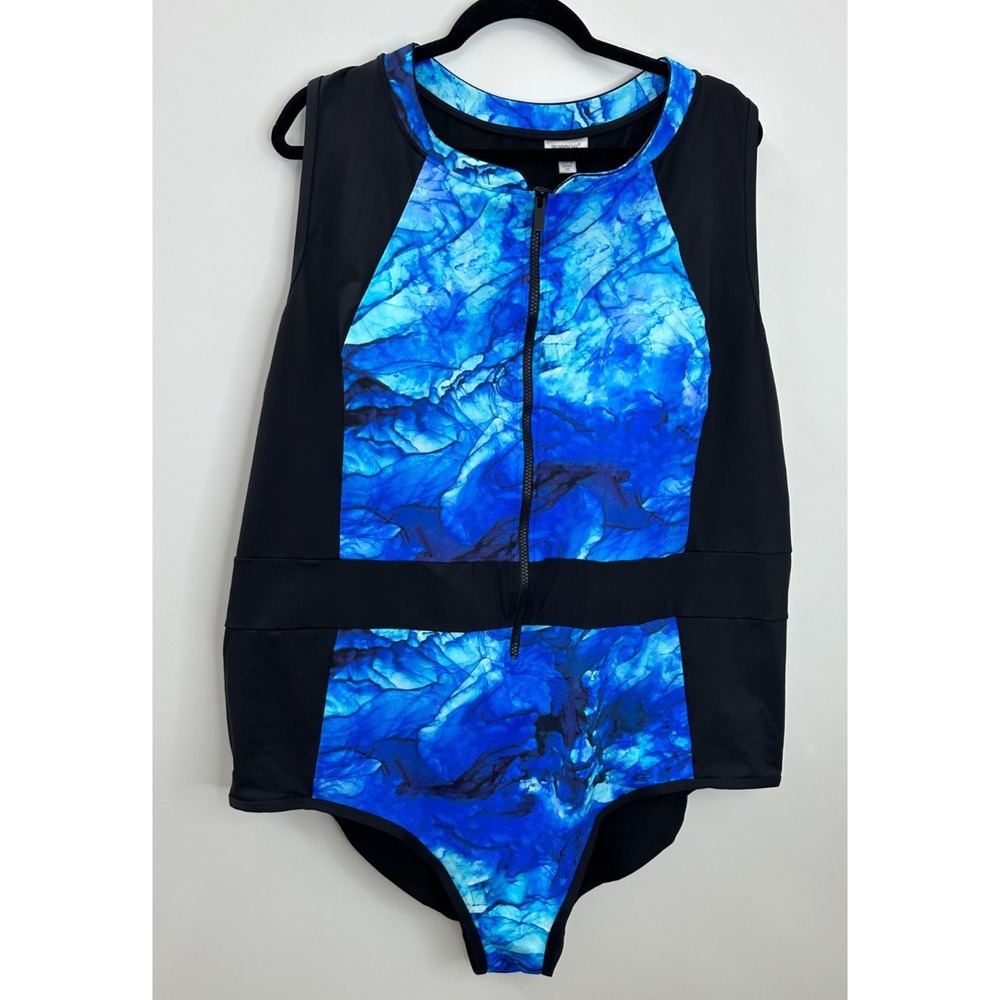 NWT Avenue One Piece Swimsuit Blue Marble Print Zip Front High Neck Plus Size 5X - Picture 11 of 11